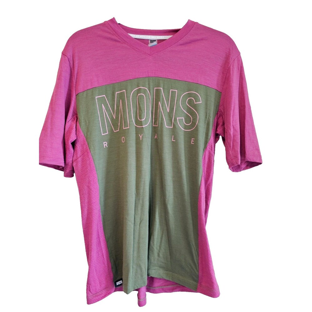 Mons Royale womens Merino Wool performance shirt-size L-Pink/green